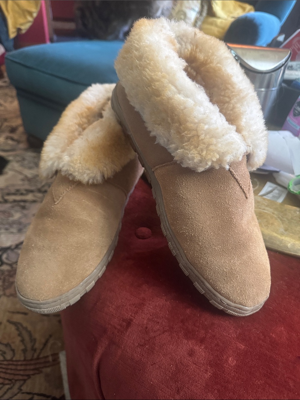 Cozy Shearling-Trim Slip-On Slippers for Women - Tan